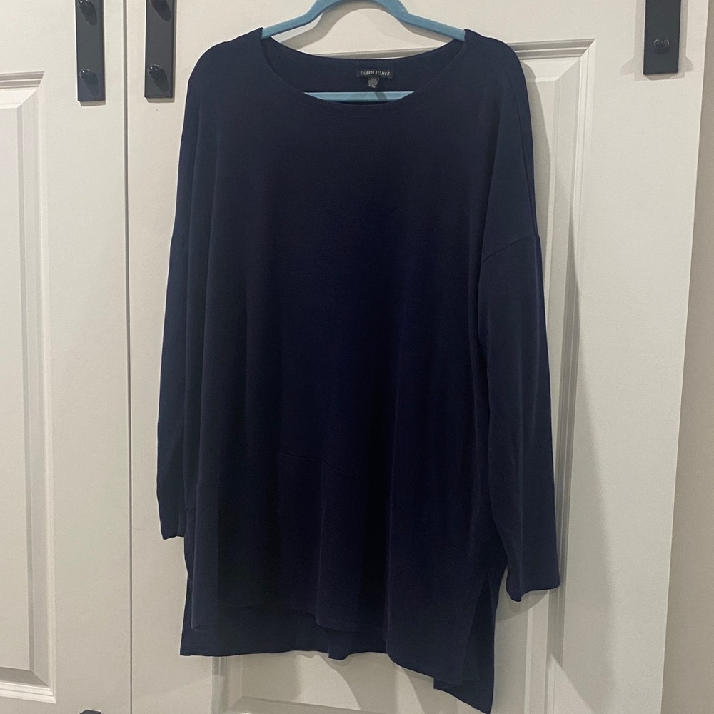 Eileen Fisher Fine Jersey tunic  crew neck long length Deep Blue Long Sleeve Top